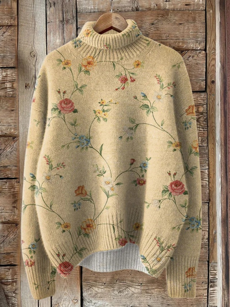 Stylish Vintage Sweater with Turtleneck and Charming Floral Pattern