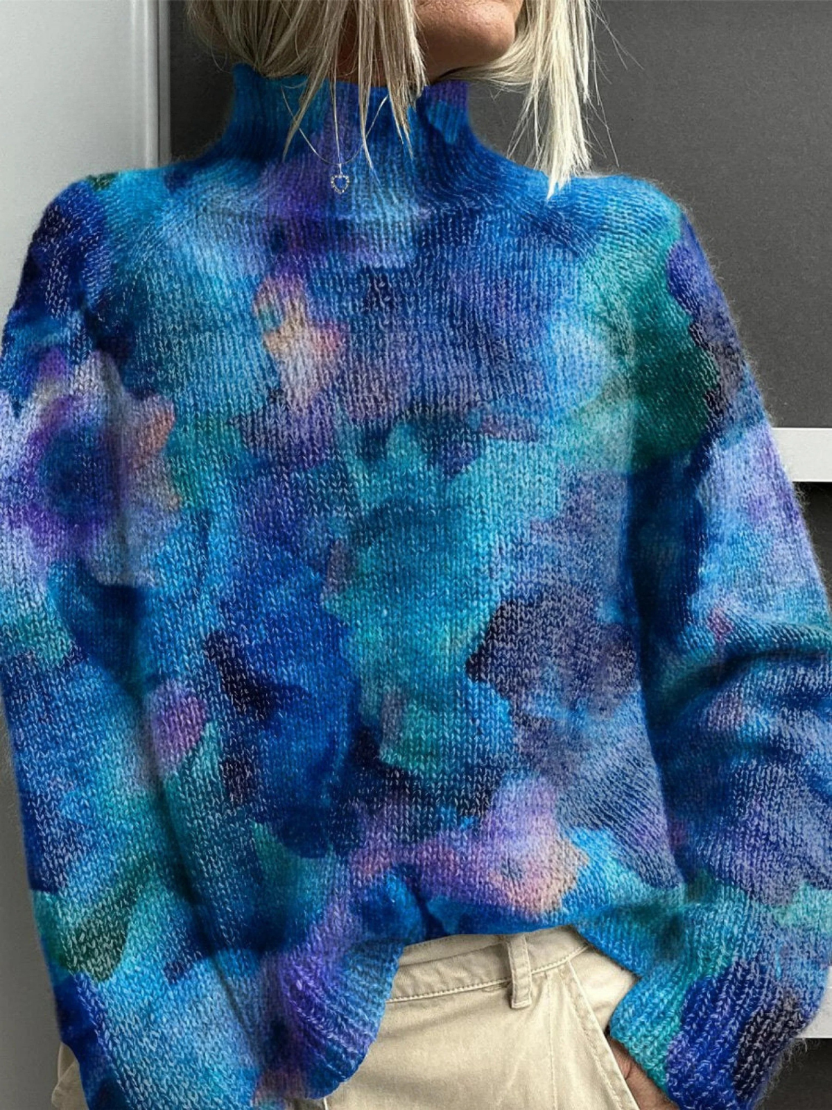 Elegant Knit Turtleneck with Abstract Floral Pattern