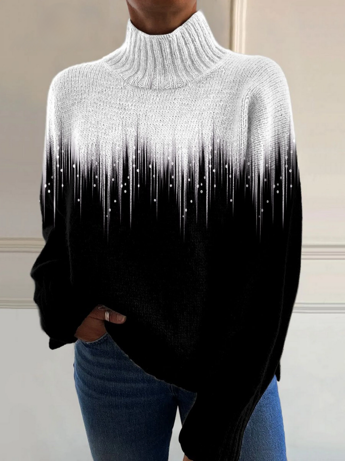Romantic Sweater with Turtleneck and Unique Print