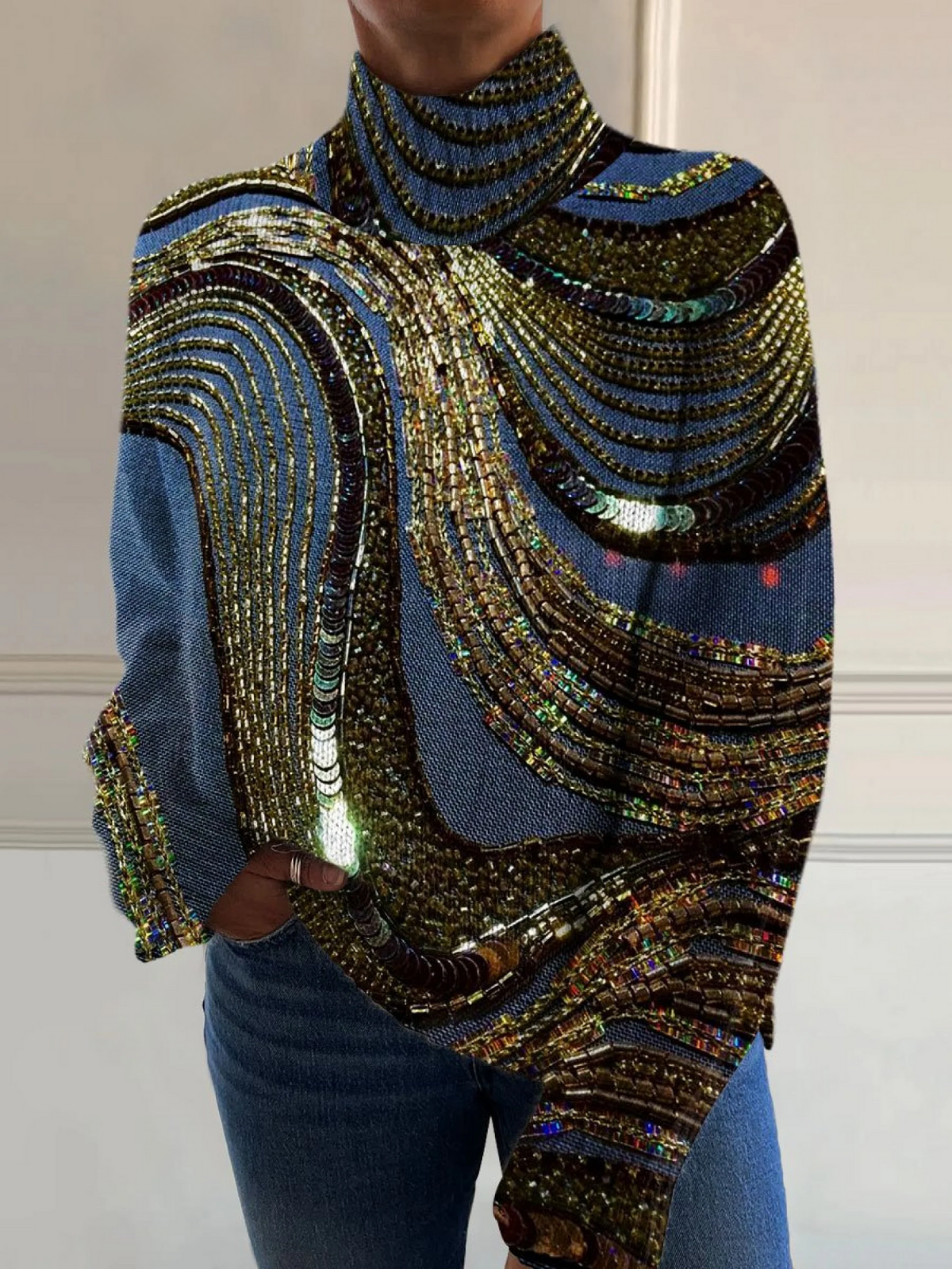 Knitted Sweater with Unique Bead Art Pattern
